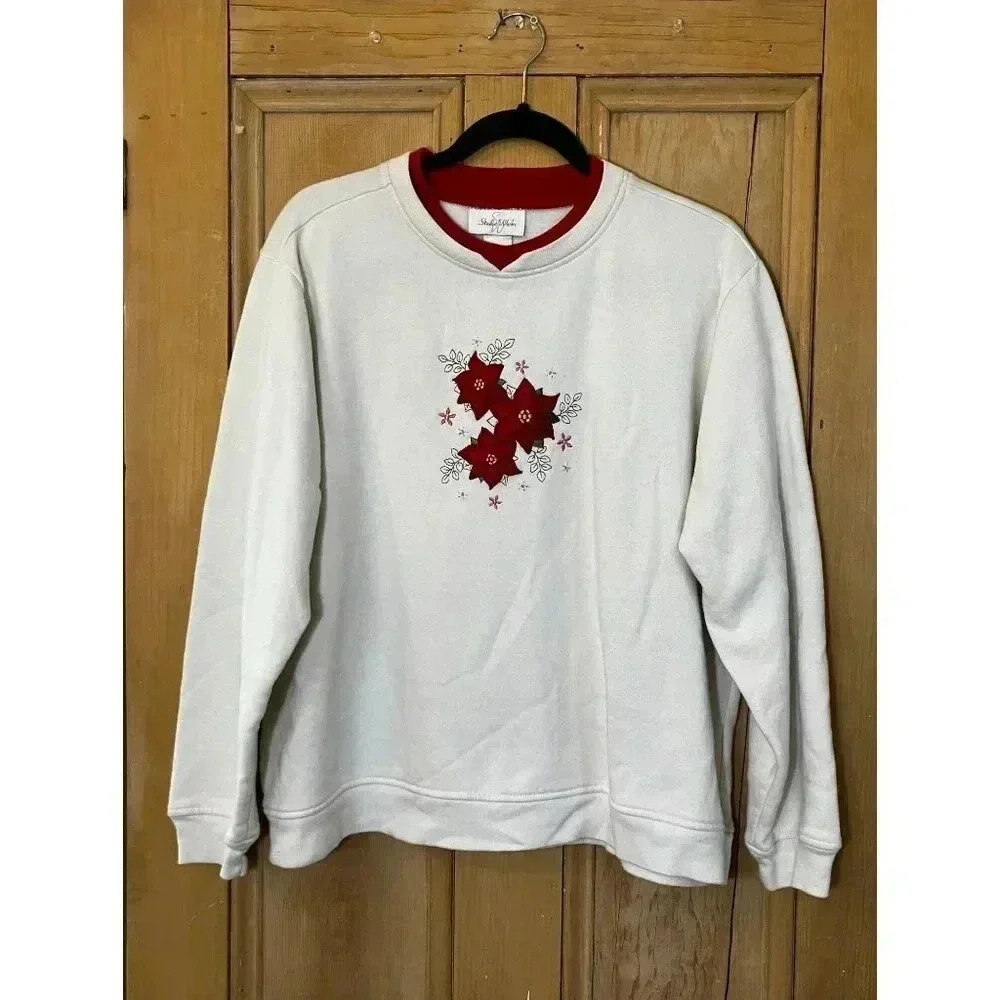 Studio Works Womens Vintage 90s Christmas Flowers Sweatshirt Large White XM EXC - Picture 2 of 10